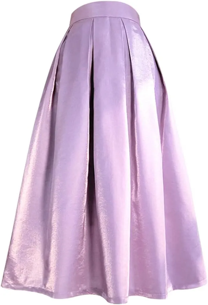 2023 Spring Korean Simple Elegant Pastel Candy Color Glittering Purple High Waist Pleated Midi Satin Skirt Birthday Party