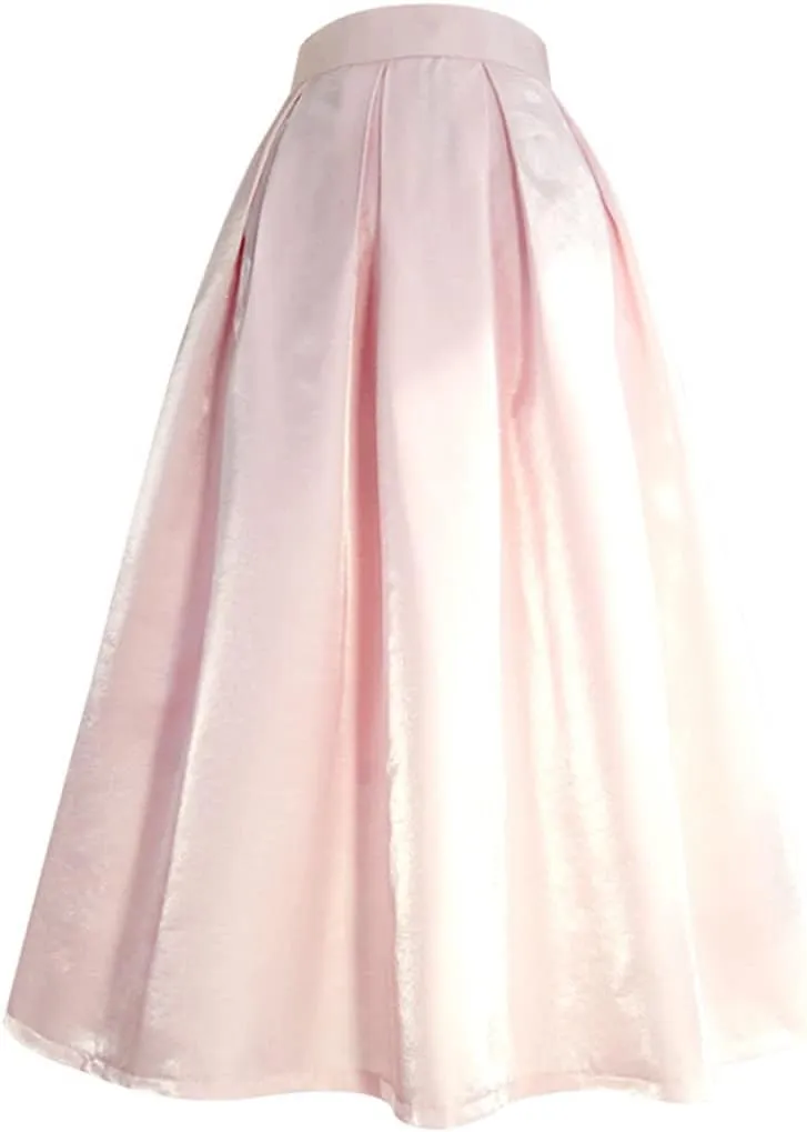 2023 Spring Korean Simple Elegant Pastel Candy Color Glittering Purple High Waist Pleated Midi Satin Skirt Birthday Party