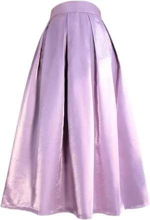 2023 Spring Korean Simple Elegant Pastel Candy Color Glittering Purple High Waist Pleated Midi Satin Skirt Birthday Party