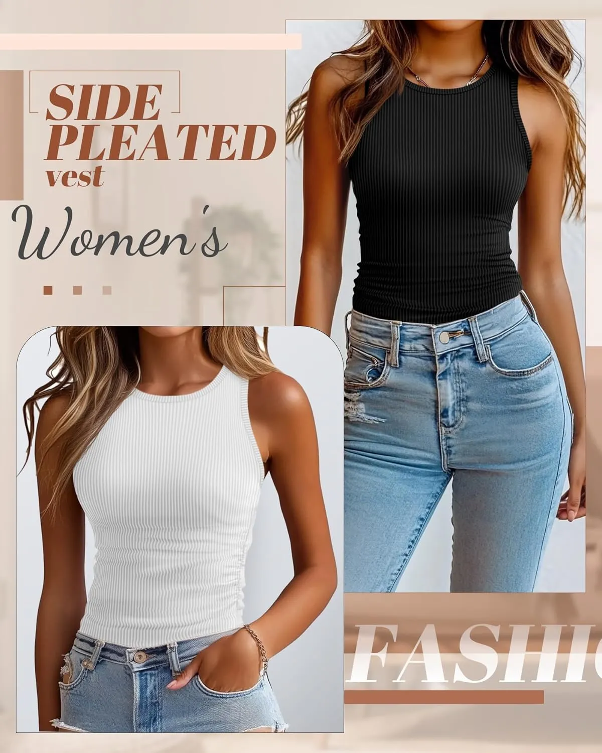 3 Pack Women's Sleeveless Tank Tops, Ribbed Knit Slim Fit Crew Neck Tops Side Ruched Summer Racerback Workout Shirts
