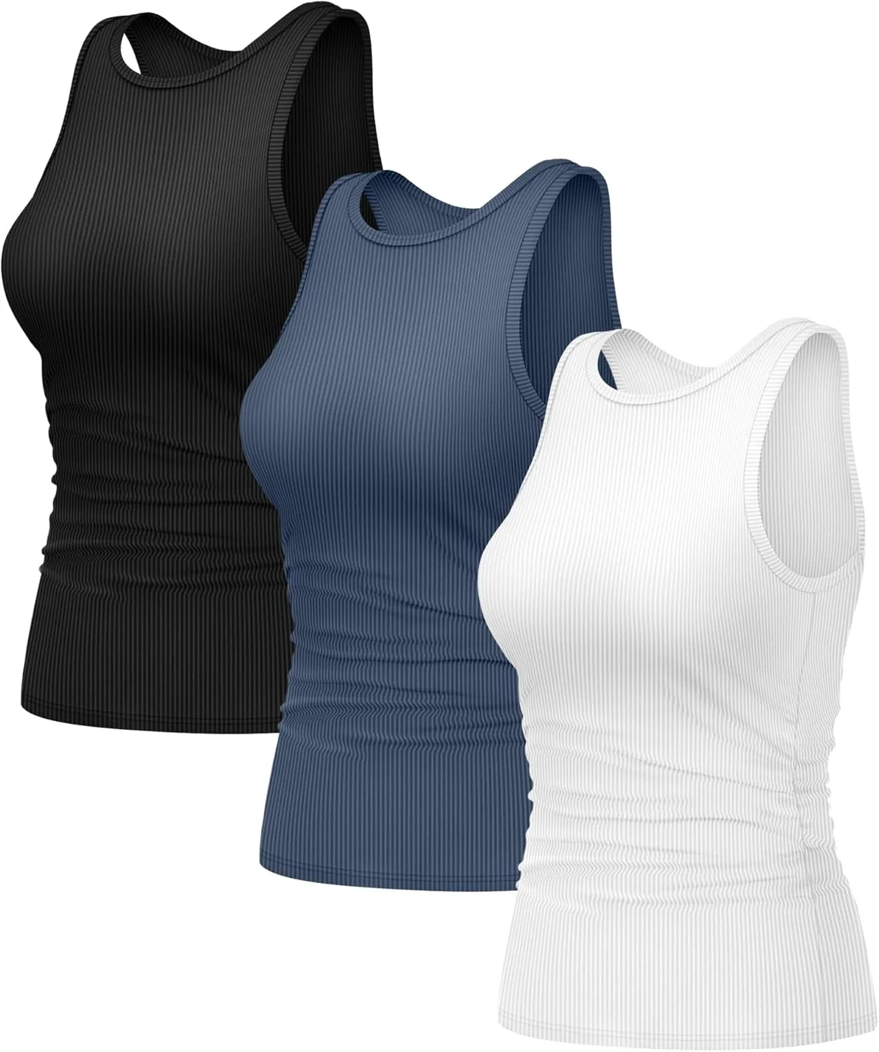 3 Pack Women's Sleeveless Tank Tops, Ribbed Knit Slim Fit Crew Neck Tops Side Ruched Summer Racerback Workout Shirts