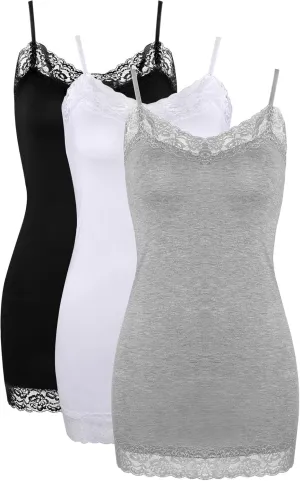 3 Pcs Women Long Camisoles Lace Tank Tops Neck Cami Adjustable Spaghetti Strap Lace Trim Tank Top for Women Wearing