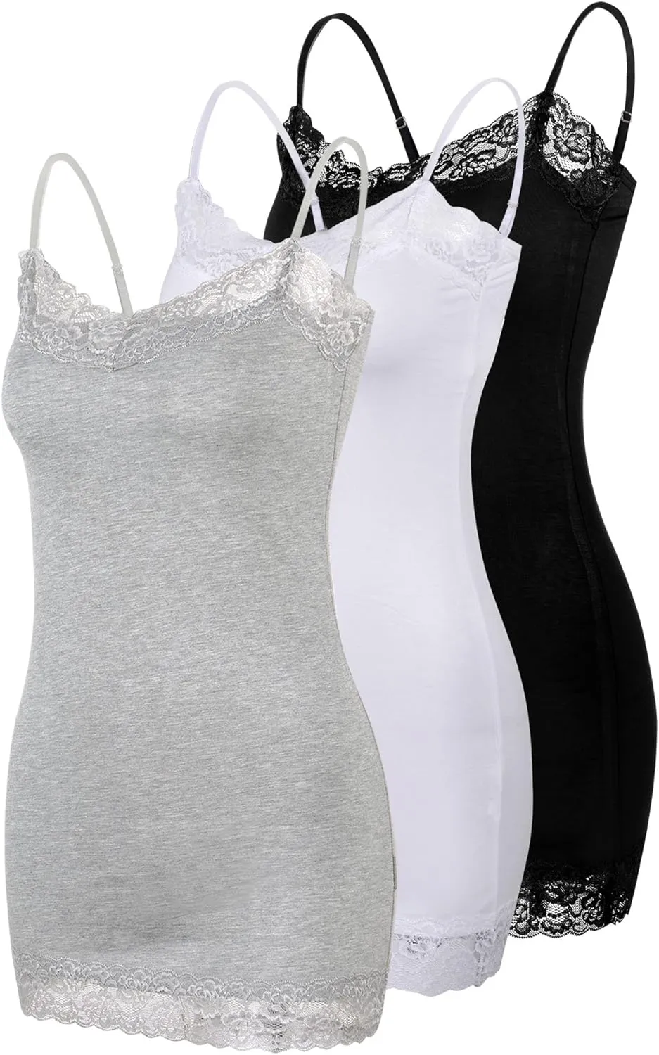 3 Pcs Women Long Camisoles Lace Tank Tops Neck Cami Adjustable Spaghetti Strap Lace Trim Tank Top for Women Wearing