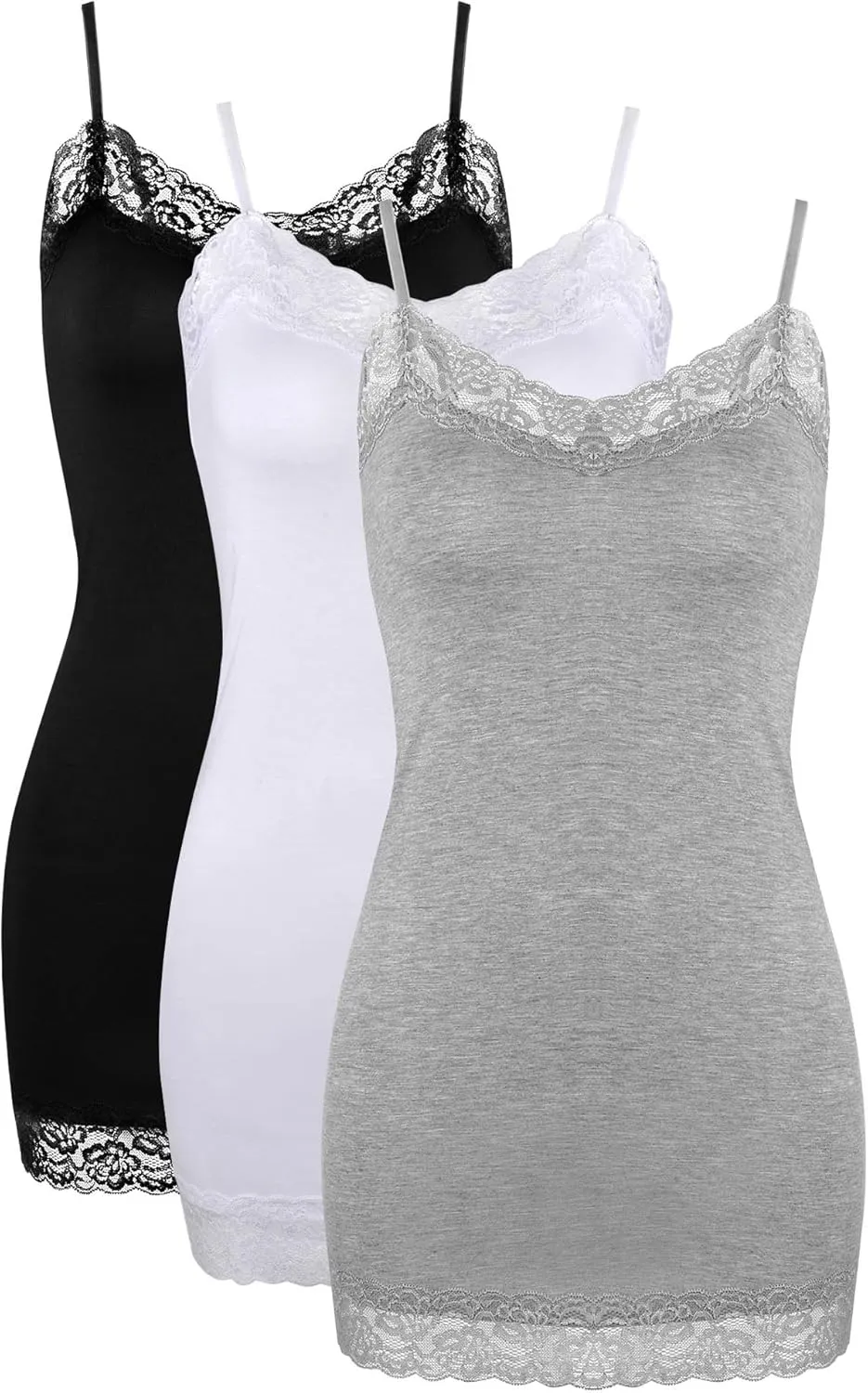 3 Pcs Women Long Camisoles Lace Tank Tops Neck Cami Adjustable Spaghetti Strap Lace Trim Tank Top for Women Wearing