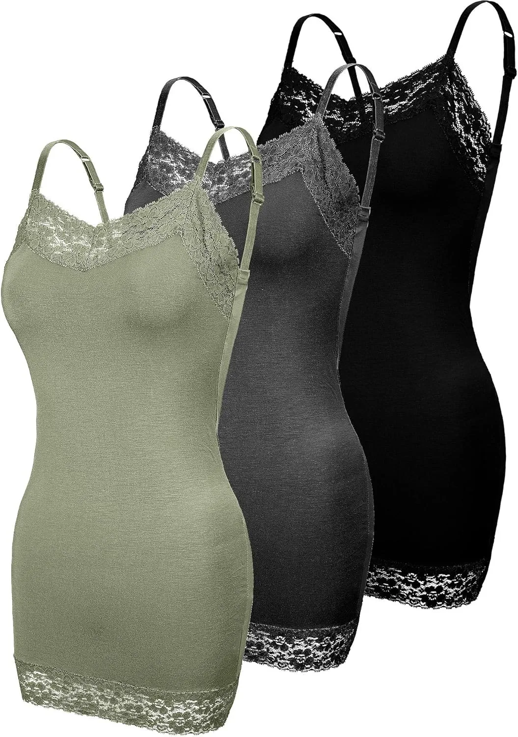 3 Pcs Women Long Camisoles Lace Tank Tops Neck Cami Adjustable Spaghetti Strap Lace Trim Tank Top for Women Wearing