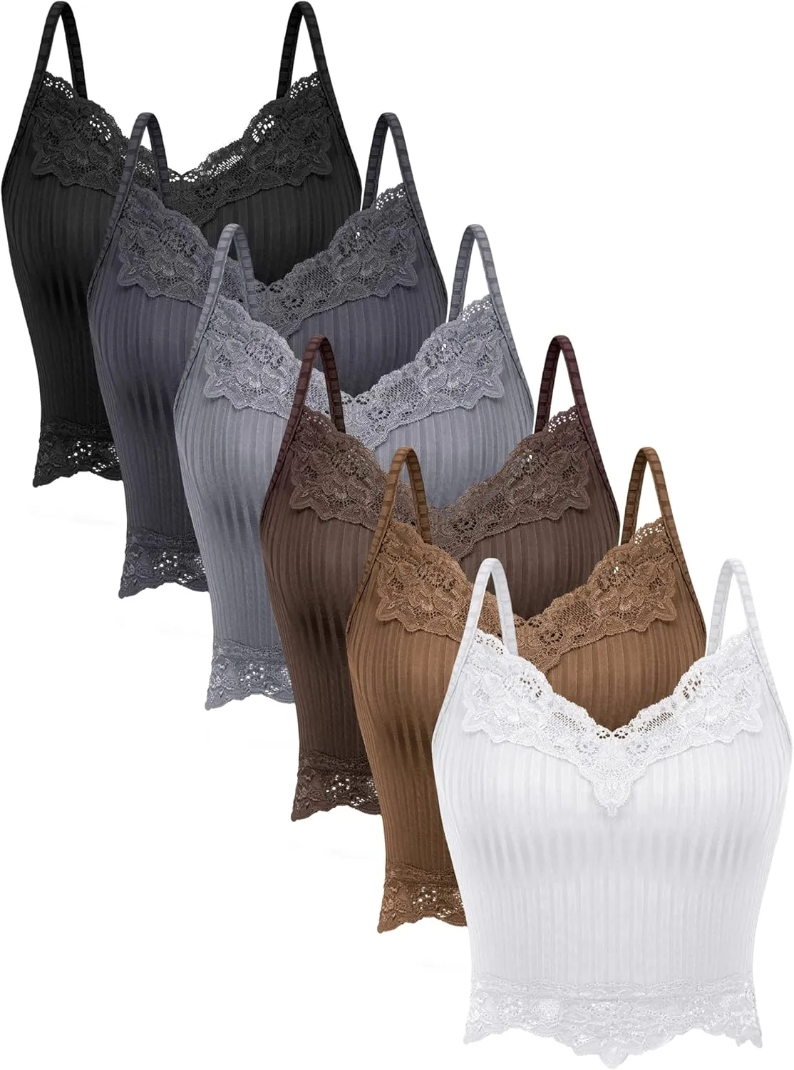 6 Pack Fairy Grunge Y2K Tops, Lace Patchwork Crop Tops Ribbed Knitted Cropped Cami Tank Top Y2K Clothing for Women Girls