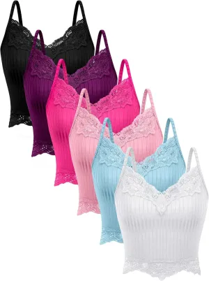 6 Pack Fairy Grunge Y2K Tops, Lace Patchwork Crop Tops Ribbed Knitted Cropped Cami Tank Top Y2K Clothing for Women Girls