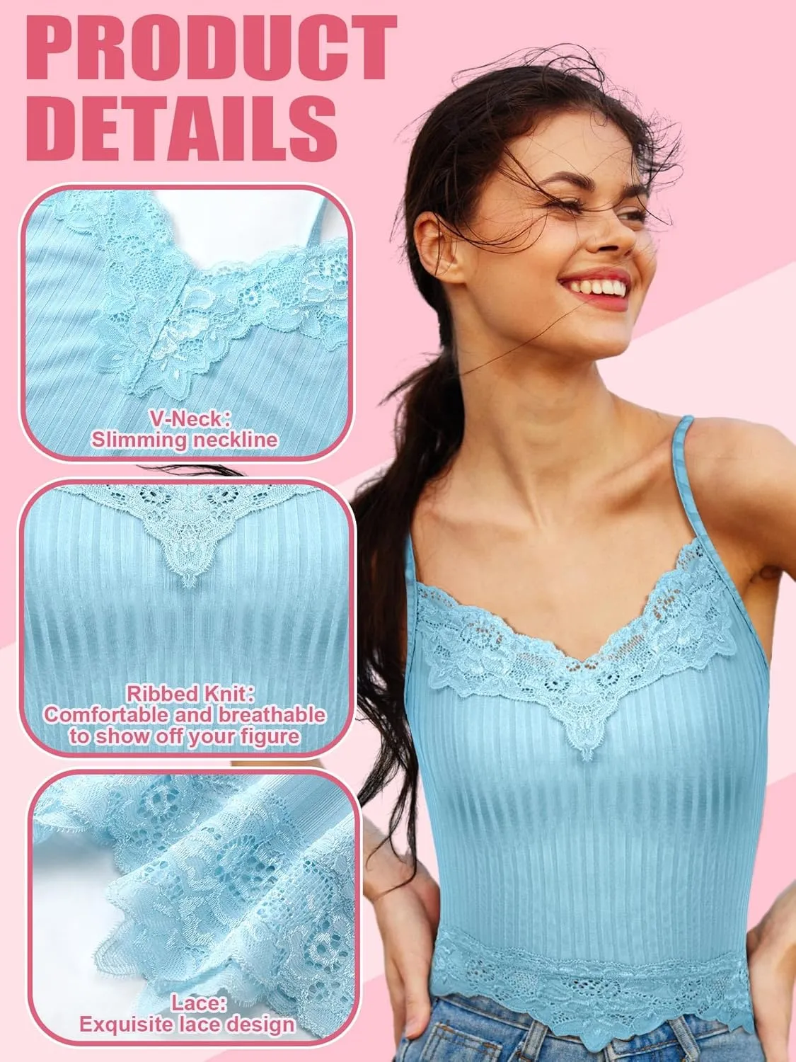 6 Pack Fairy Grunge Y2K Tops, Lace Patchwork Crop Tops Ribbed Knitted Cropped Cami Tank Top Y2K Clothing for Women Girls