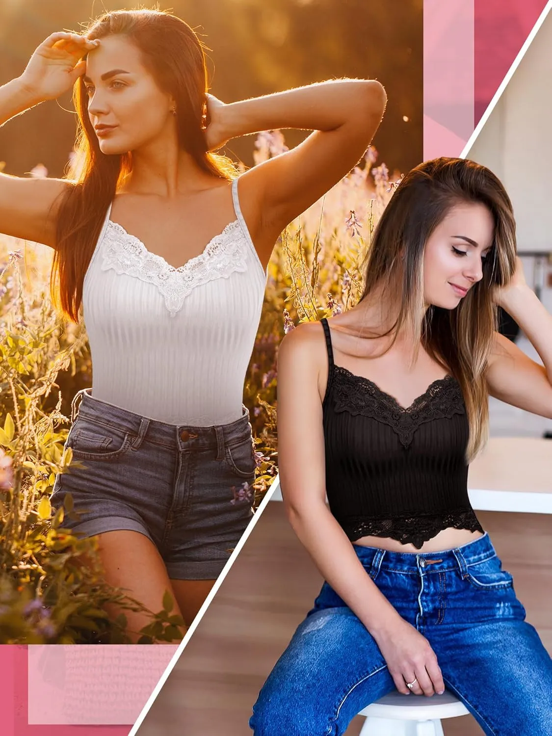 6 Pack Fairy Grunge Y2K Tops, Lace Patchwork Crop Tops Ribbed Knitted Cropped Cami Tank Top Y2K Clothing for Women Girls