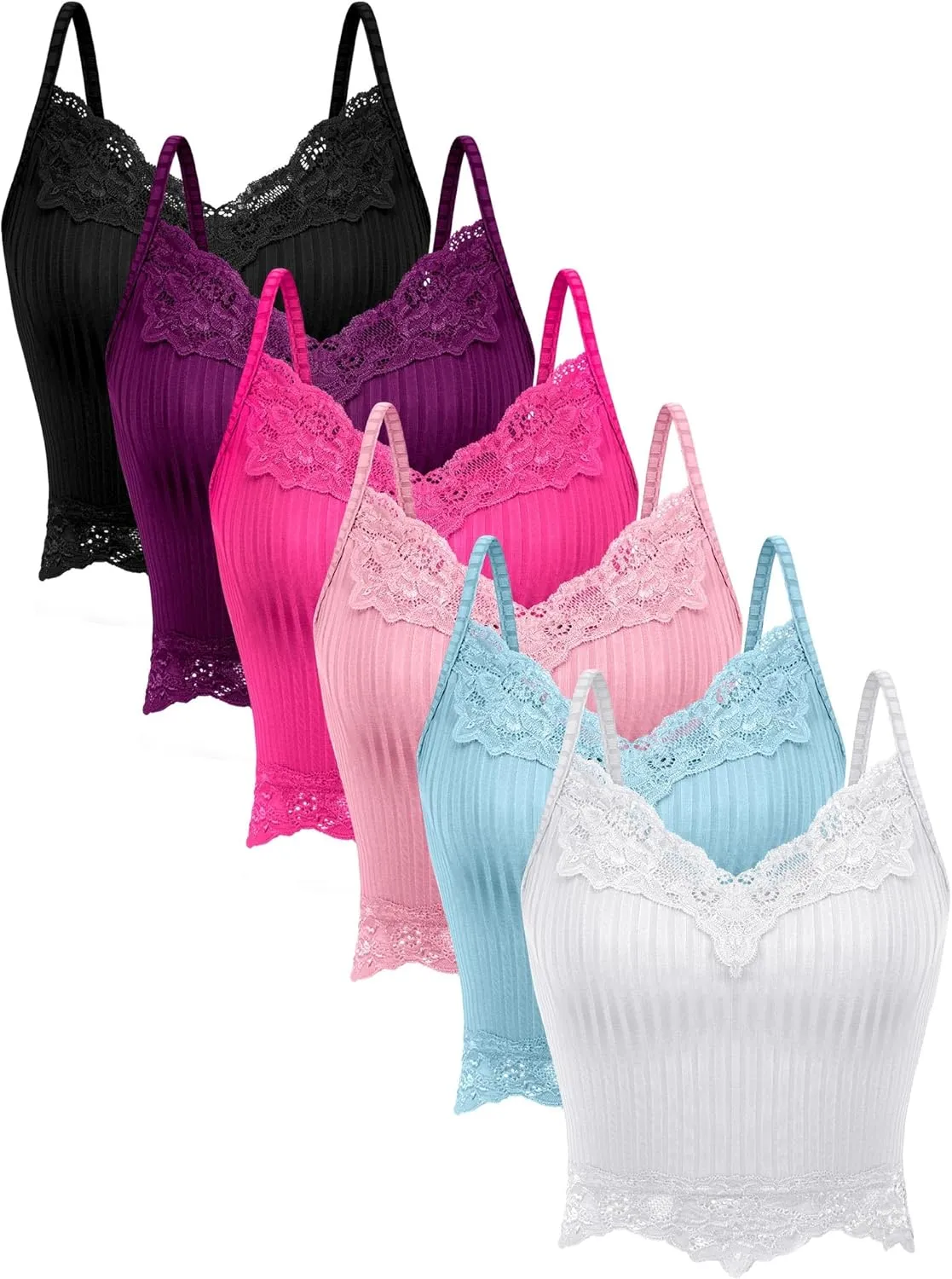 6 Pack Fairy Grunge Y2K Tops, Lace Patchwork Crop Tops Ribbed Knitted Cropped Cami Tank Top Y2K Clothing for Women Girls