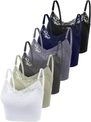 6 Pack Lace Camisole for Women, Ribbed V Neck Lace Bralettes Half Cami Bra with Adjustable Spaghetti Strap Crop Tank Top