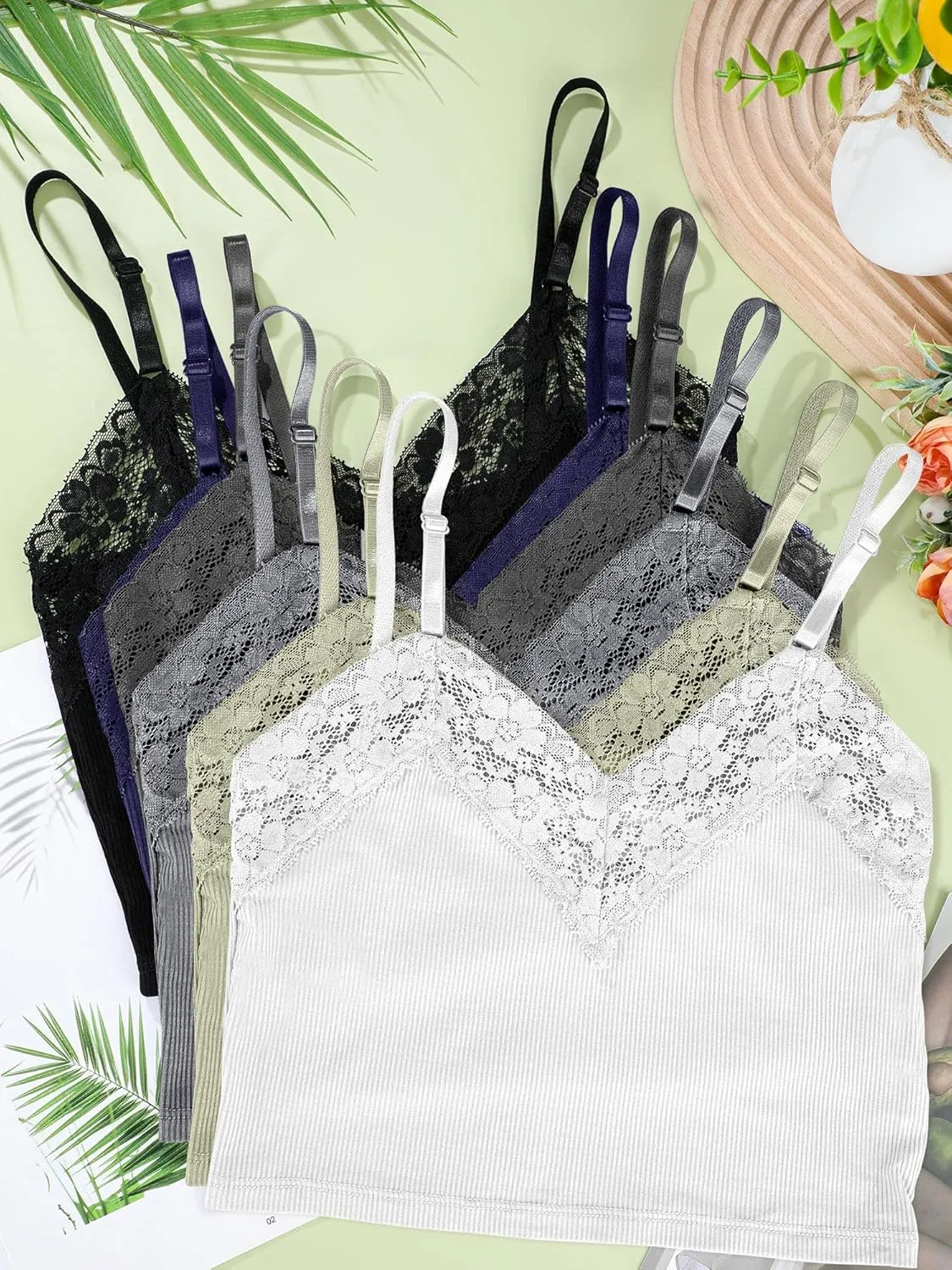 6 Pack Lace Camisole for Women, Ribbed V Neck Lace Bralettes Half Cami Bra with Adjustable Spaghetti Strap Crop Tank Top