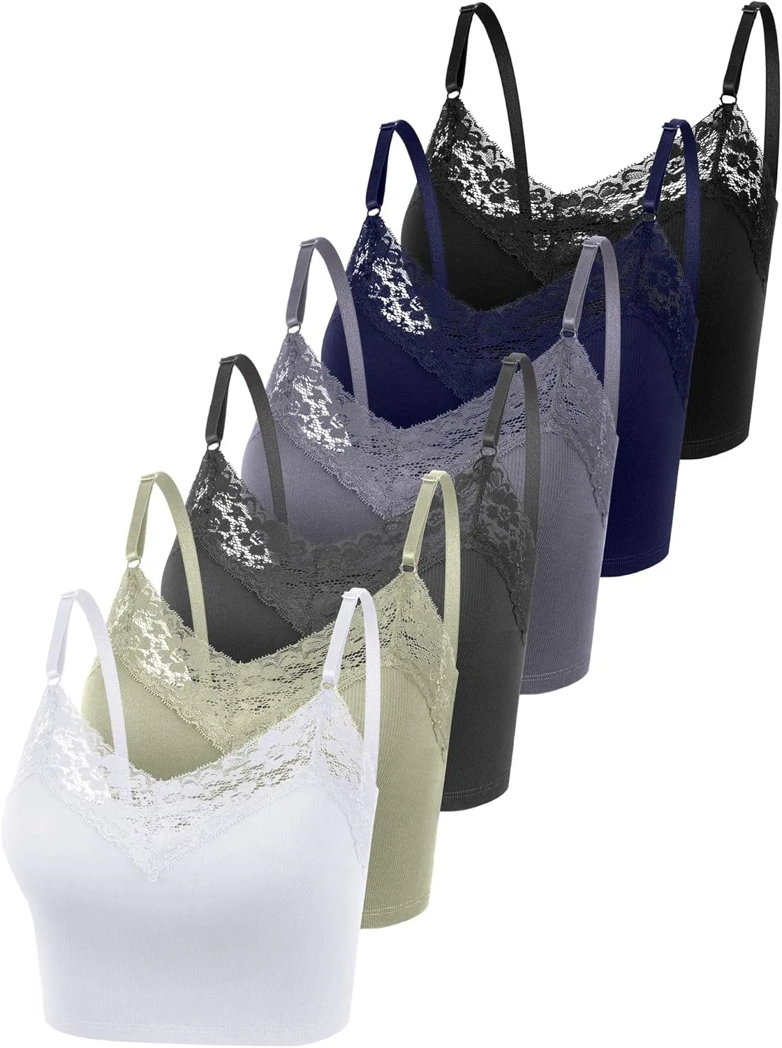 6 Pack Lace Camisole for Women, Ribbed V Neck Lace Bralettes Half Cami Bra with Adjustable Spaghetti Strap Crop Tank Top