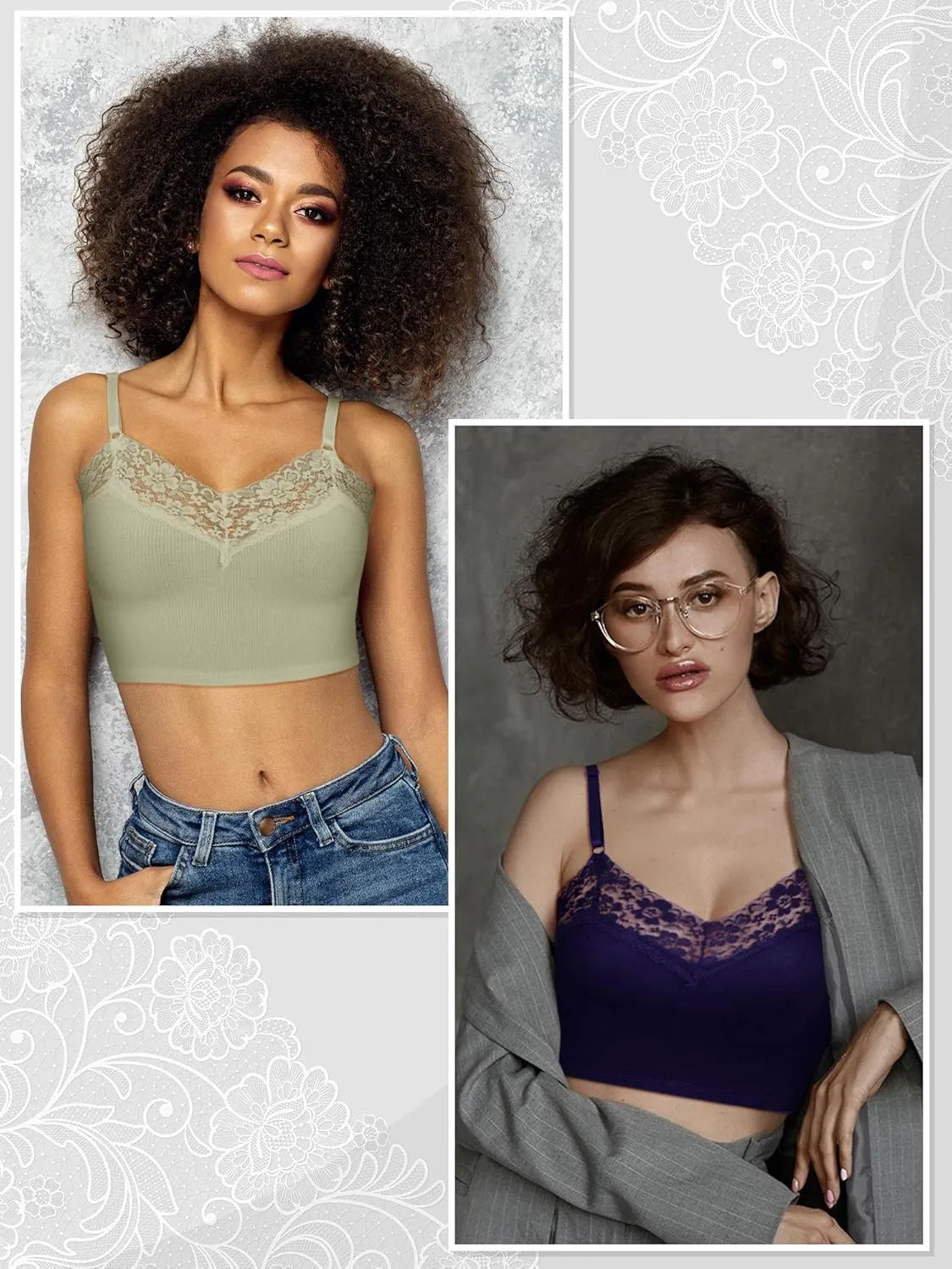 6 Pack Lace Camisole for Women, Ribbed V Neck Lace Bralettes Half Cami Bra with Adjustable Spaghetti Strap Crop Tank Top