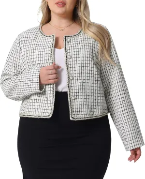Agnes Orinda Plus Size Plaid Tweed Blazer for Women Collarless Long Sleeve Open Front Work Short Jacket