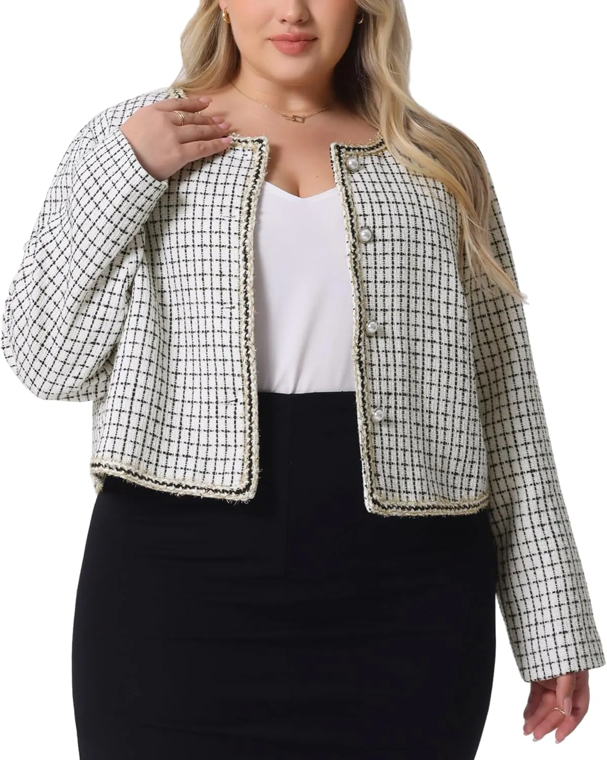 Agnes Orinda Plus Size Plaid Tweed Blazer for Women Collarless Long Sleeve Open Front Work Short Jacket