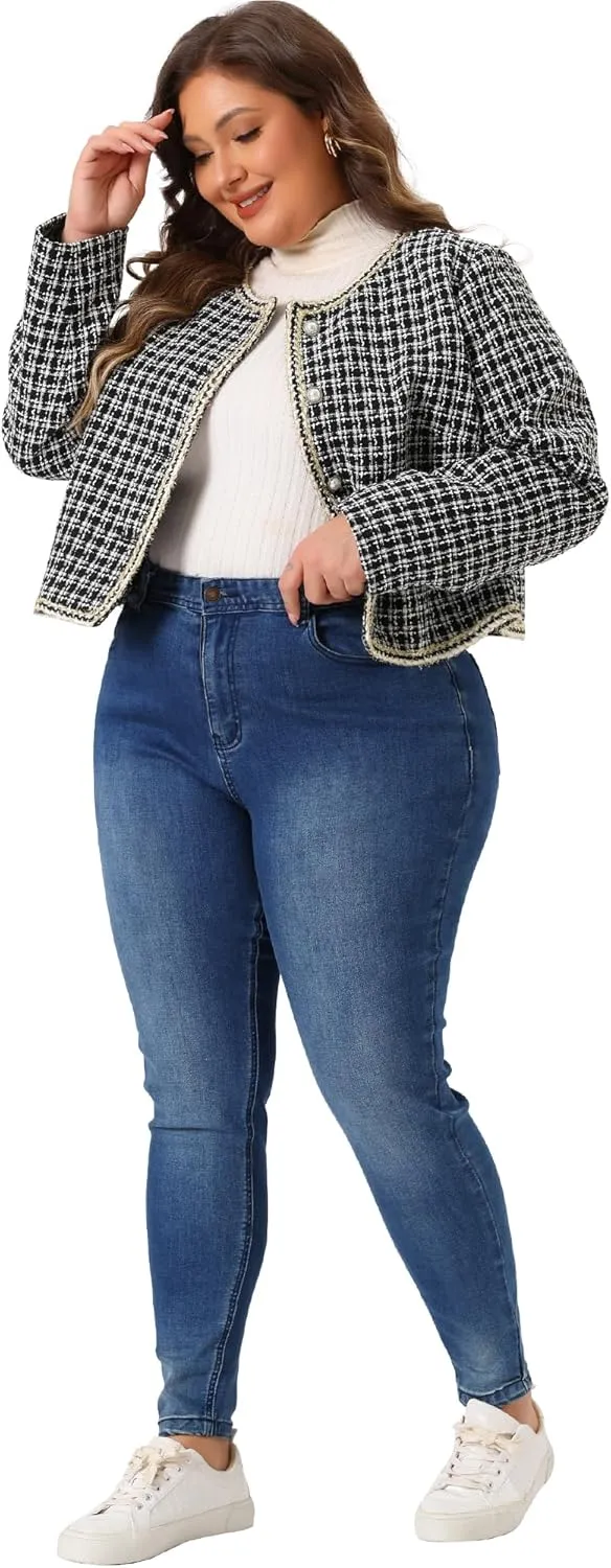 Agnes Orinda Plus Size Plaid Tweed Blazer for Women Collarless Long Sleeve Open Front Work Short Jacket