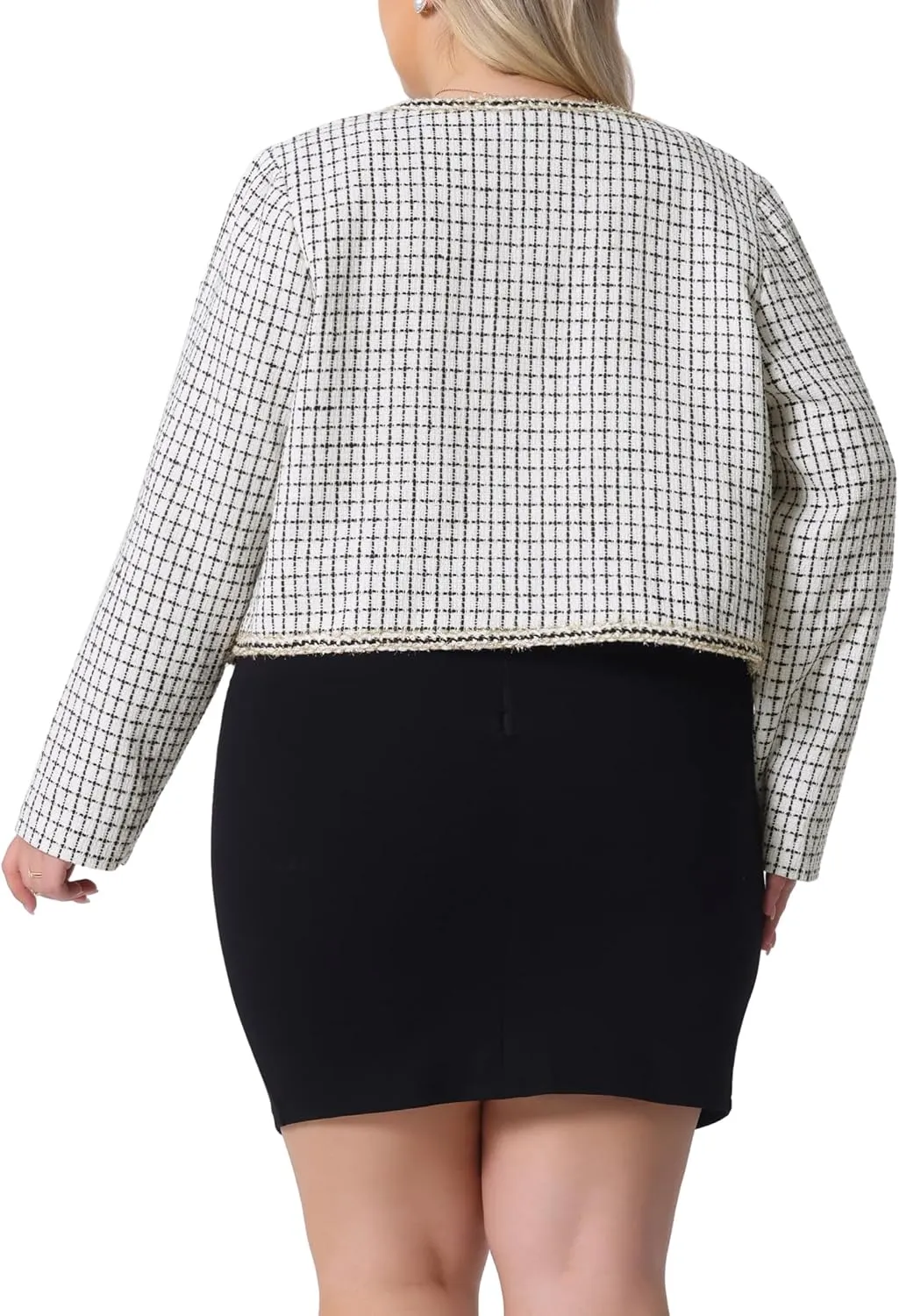 Agnes Orinda Plus Size Plaid Tweed Blazer for Women Collarless Long Sleeve Open Front Work Short Jacket