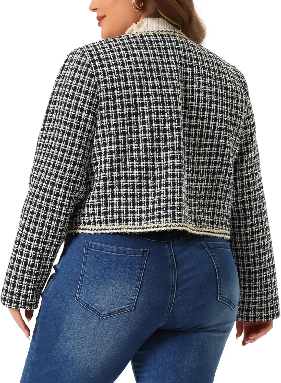 Agnes Orinda Plus Size Plaid Tweed Blazer for Women Collarless Long Sleeve Open Front Work Short Jacket