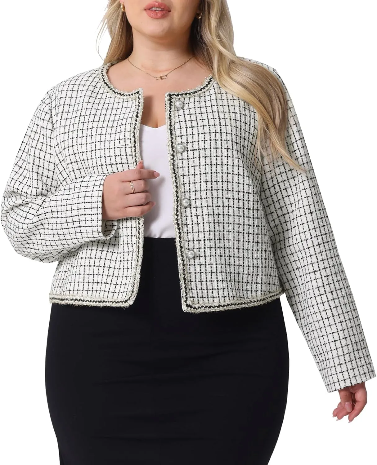 Agnes Orinda Plus Size Plaid Tweed Blazer for Women Collarless Long Sleeve Open Front Work Short Jacket