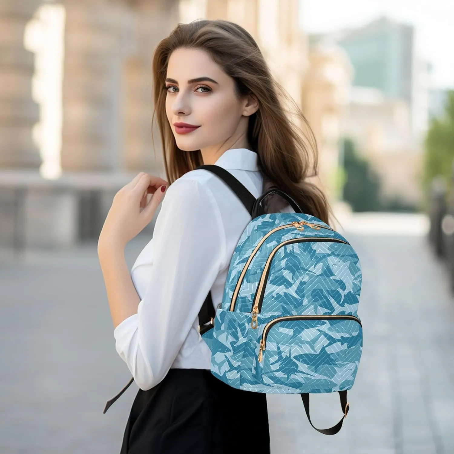 ALAZA Travel Backpack Purse for Women Fashion Anti-theft Work Casual Shark Blue Daypack Shoulder Bag Medium Size