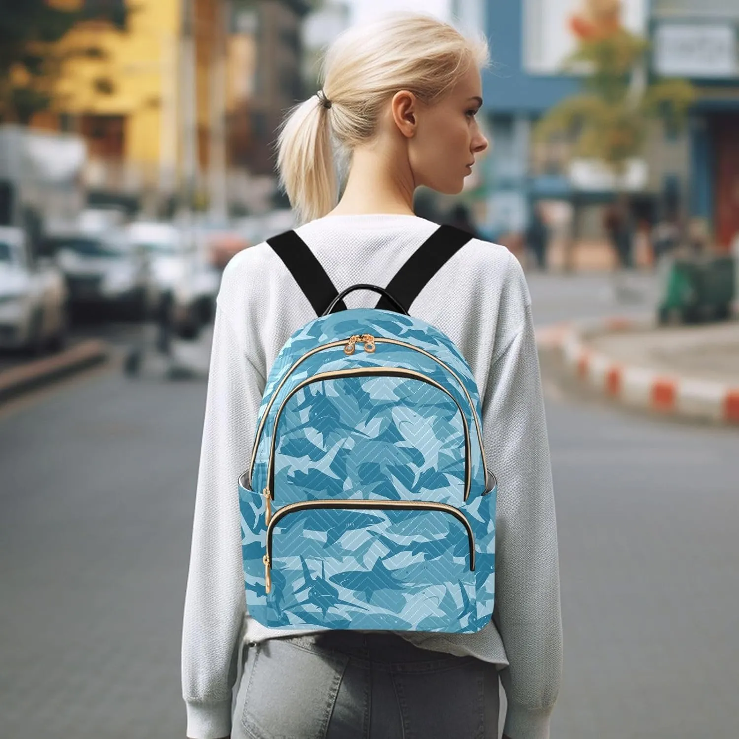 ALAZA Travel Backpack Purse for Women Fashion Anti-theft Work Casual Shark Blue Daypack Shoulder Bag Medium Size