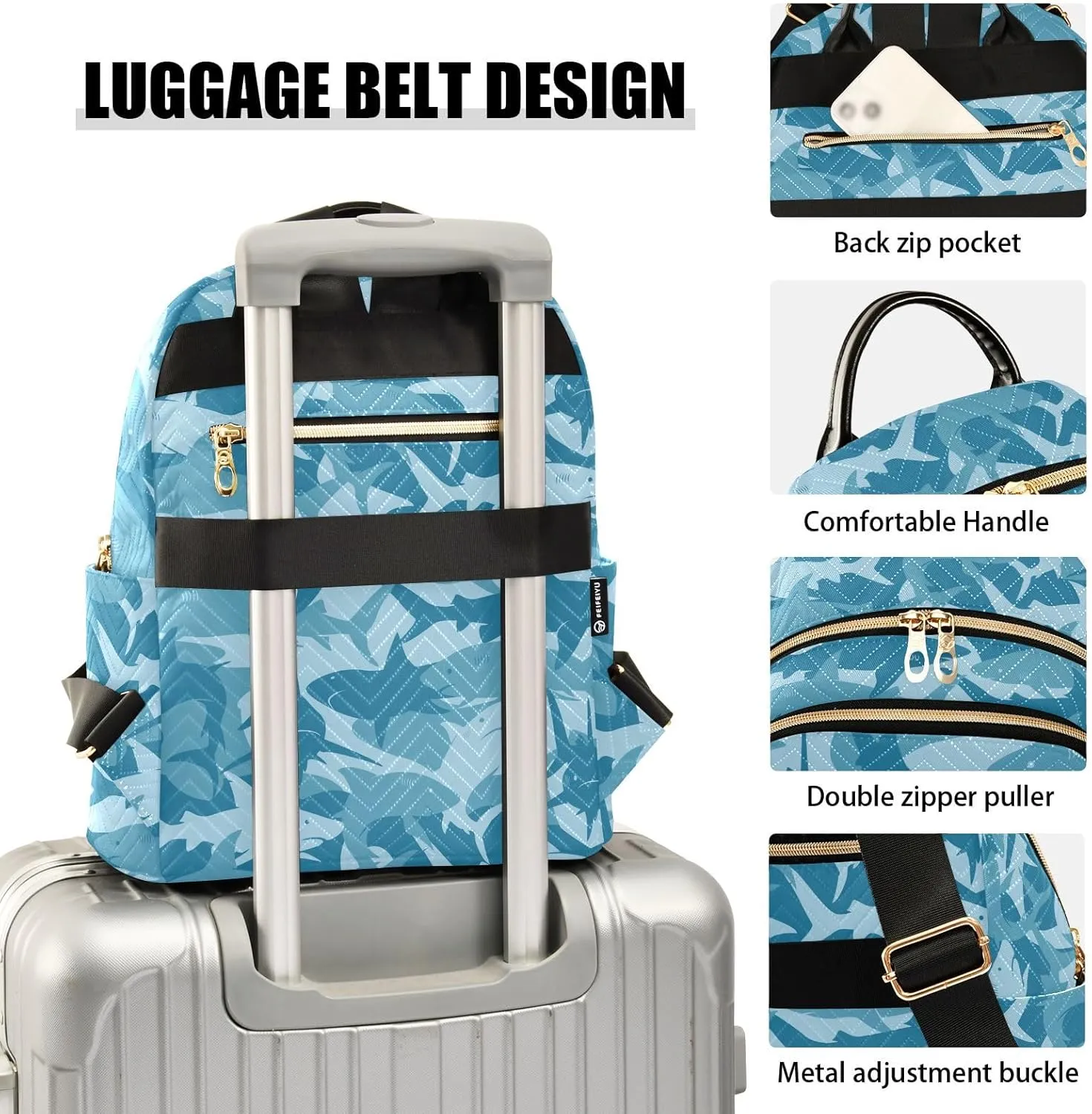 ALAZA Travel Backpack Purse for Women Fashion Anti-theft Work Casual Shark Blue Daypack Shoulder Bag Medium Size