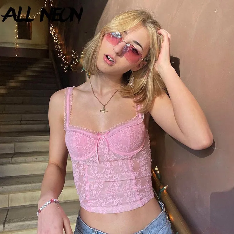 ALLNeon 2000s Aesthetics Pink Lace Backless Cami Tops Fashion Bow Sleeveless Spaghetti Strap Crop Top Sexy Transparent Clothes