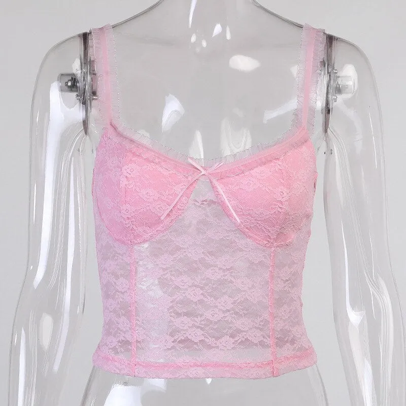 ALLNeon 2000s Aesthetics Pink Lace Backless Cami Tops Fashion Bow Sleeveless Spaghetti Strap Crop Top Sexy Transparent Clothes