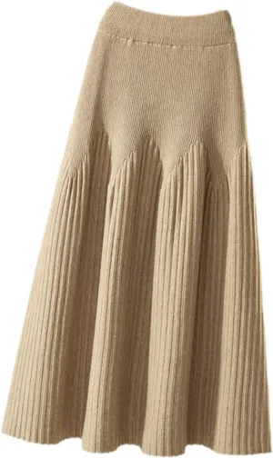 Autumn Winter Knitted Skirt Women Casual Solid All-Match A Line High Waist Pleated Midi Long Skirt