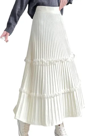 Autumn Winter Women Knitted Skirt Casual Solid Gray A Line High Waist Pleated Midi Long Skirt