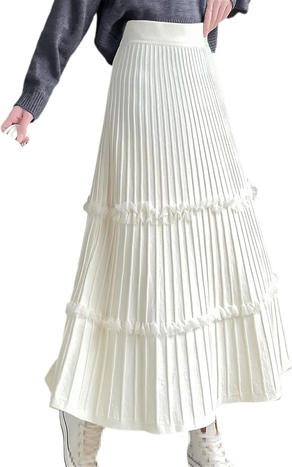 Autumn Winter Women Knitted Skirt Casual Solid Gray A Line High Waist Pleated Midi Long Skirt