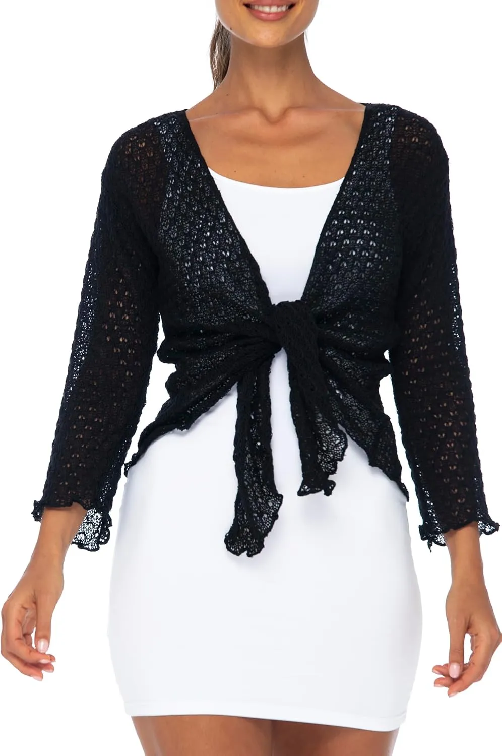 Back From Bali Womens 100% Cotton Shrug Tie Front Cardigan Lightweight Soft Knit 3/4 Sleeve Open Front Sweater