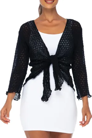 Back From Bali Womens 100% Cotton Shrug Tie Front Cardigan Lightweight Soft Knit 3/4 Sleeve Open Front Sweater