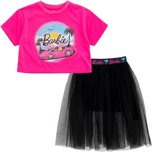 Barbie Girls Boxy Drop Shoulder T-Shirt and Mesh Tulle Skort Toddler to Big Kid Sizes (2T - 14-16)