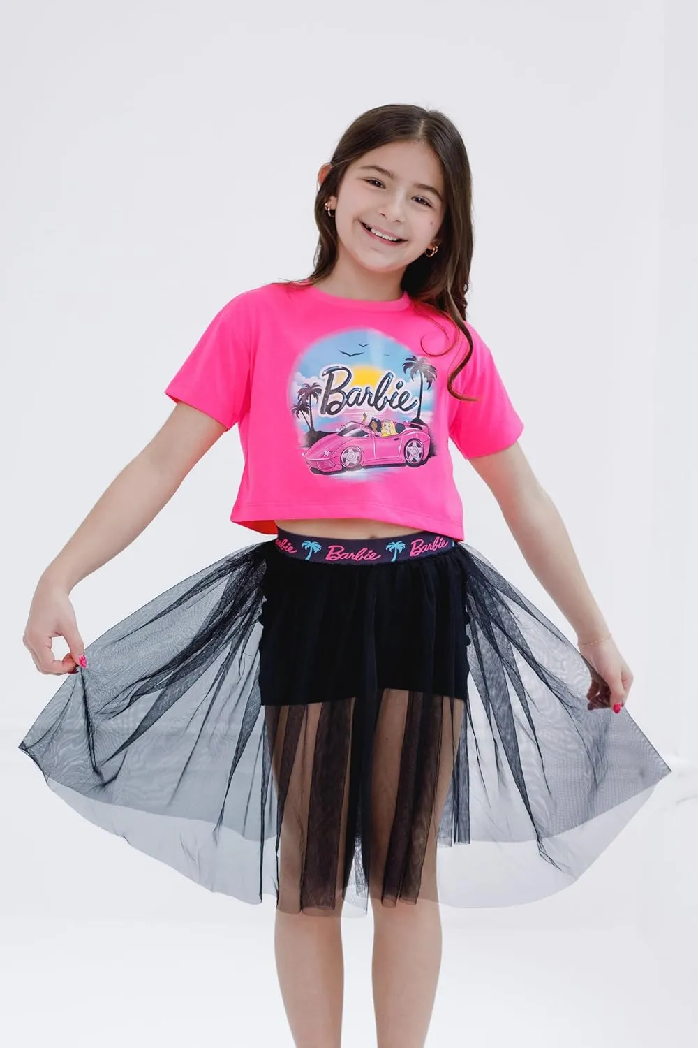 Barbie Girls Boxy Drop Shoulder T-Shirt and Mesh Tulle Skort Toddler to Big Kid Sizes (2T - 14-16)