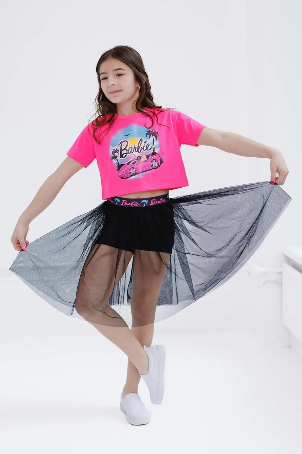 Barbie Girls Boxy Drop Shoulder T-Shirt and Mesh Tulle Skort Toddler to Big Kid Sizes (2T - 14-16)