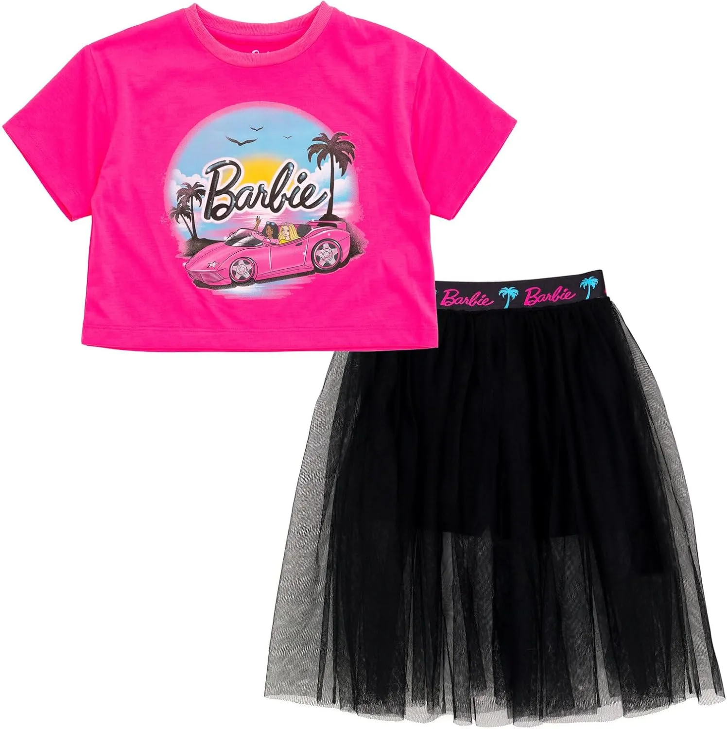 Barbie Girls Boxy Drop Shoulder T-Shirt and Mesh Tulle Skort Toddler to Big Kid Sizes (2T - 14-16)