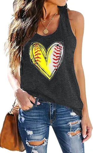 Baseball Shirt Women Baseball Tank Tops Baseball Heart Graphic Shirts Baseball Sleeveless Casual Baseball Game Vest Tops