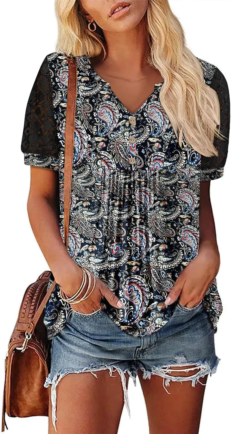 BETTE BOUTIK Womens V Neck Short Sleeve Summer Tops Button Down Pleated Tunic Tops Shirts S-3XL