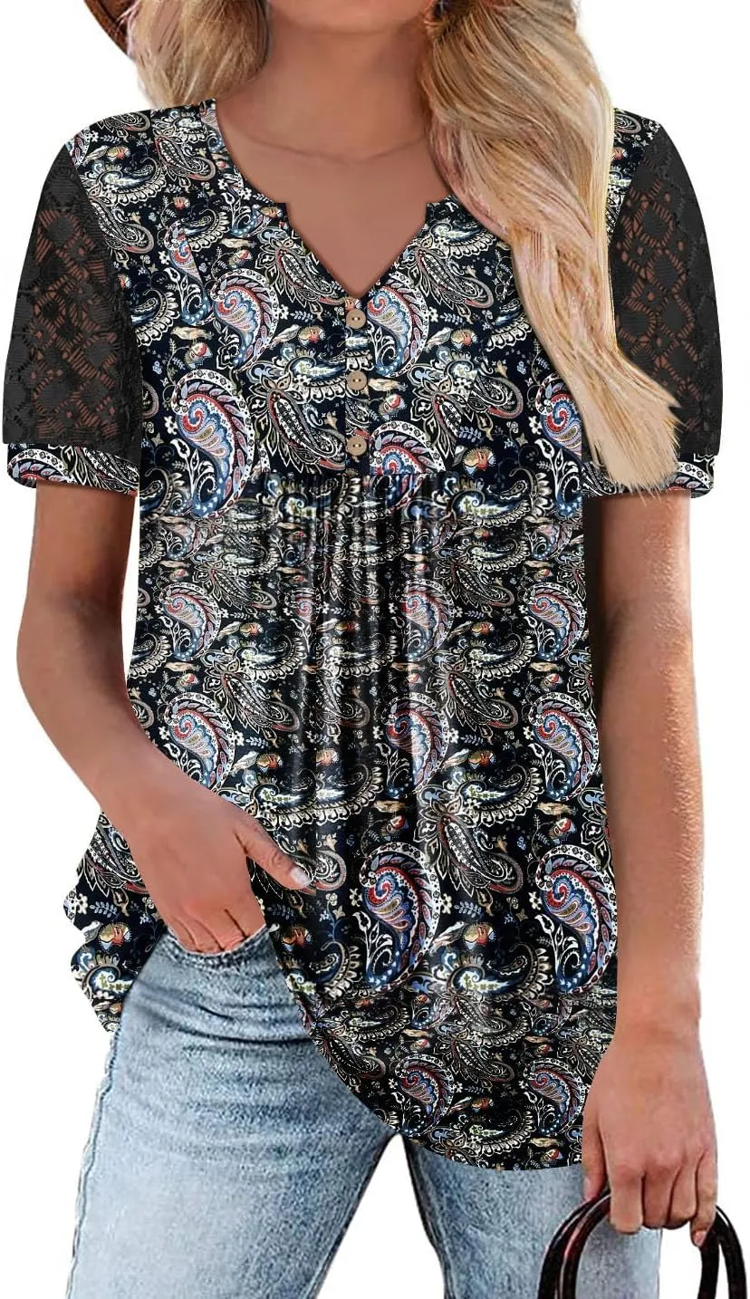 BETTE BOUTIK Womens V Neck Short Sleeve Summer Tops Button Down Pleated Tunic Tops Shirts S-3XL