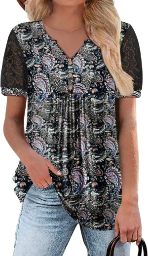 BETTE BOUTIK Womens V Neck Short Sleeve Summer Tops Button Down Pleated Tunic Tops Shirts S-3XL