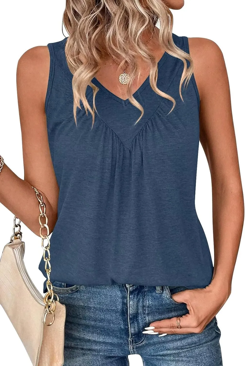 Bliwov Womens Summer Tops V Neck Ruched Cute Tank Tops Loose Fit Casual Sleeveless Beach Vacation Clothes for Woman Trendy
