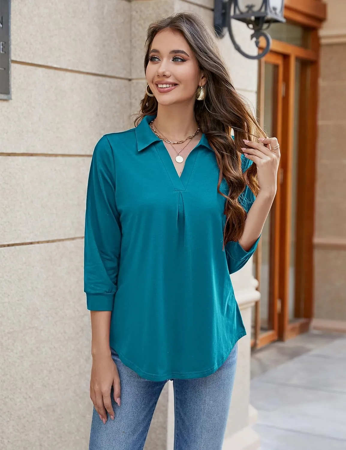 Bluetime Womens Tops Dressy Casual Collared V Neck 3/4 Sleeve Shirts Office Professional Work Blouses Loose Fit Tunic Tops
