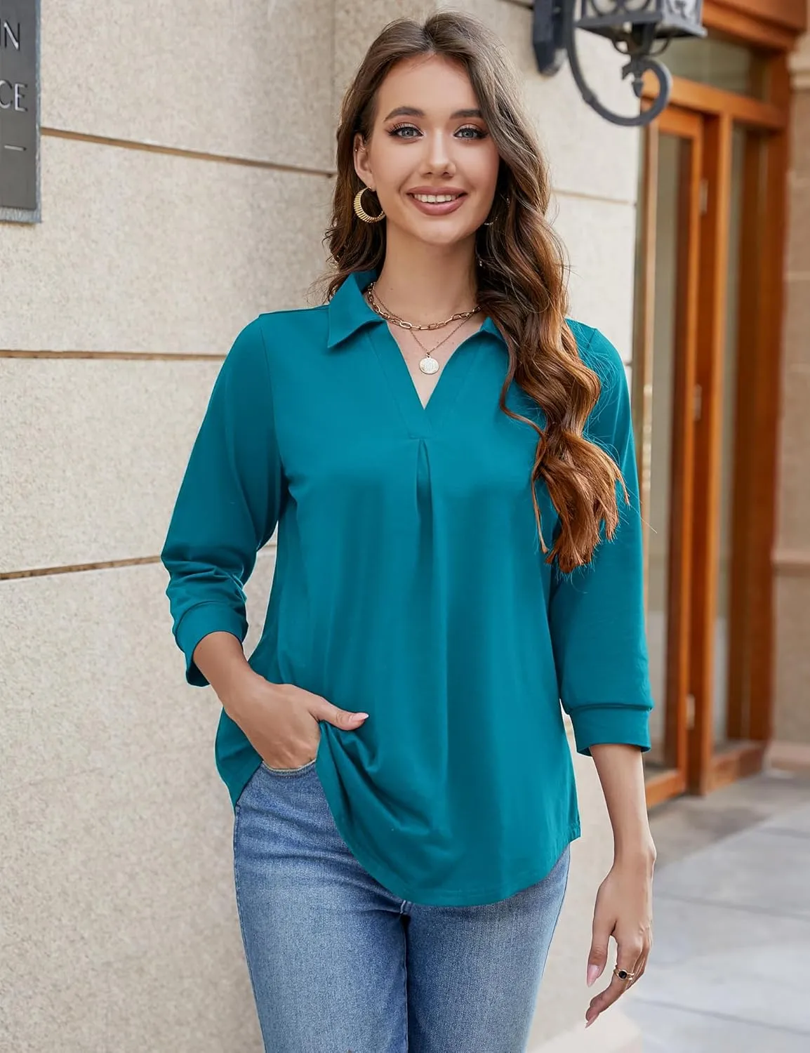 Bluetime Womens Tops Dressy Casual Collared V Neck 3/4 Sleeve Shirts Office Professional Work Blouses Loose Fit Tunic Tops