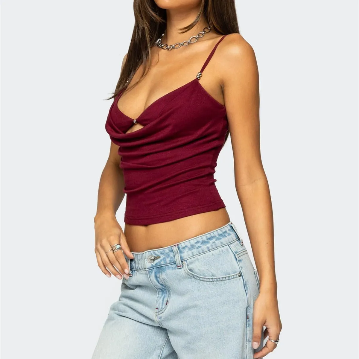 Bocymolay Women Going Out Tank Tops Slim Fitted Low Neck Cutout Backless Camisole Sexy Party Clubwear Shirts