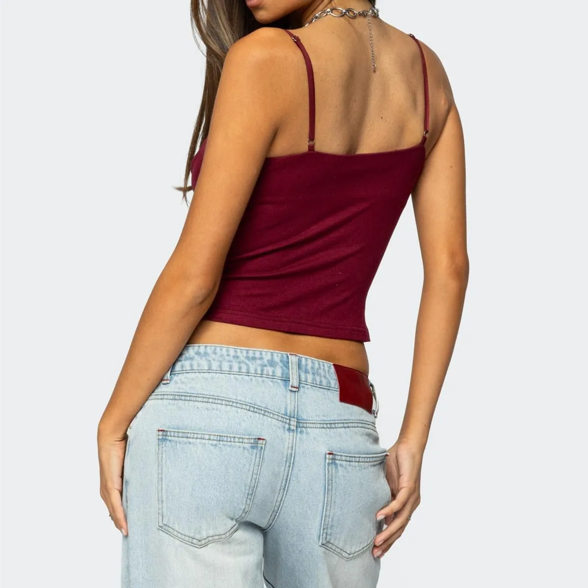 Bocymolay Women Going Out Tank Tops Slim Fitted Low Neck Cutout Backless Camisole Sexy Party Clubwear Shirts