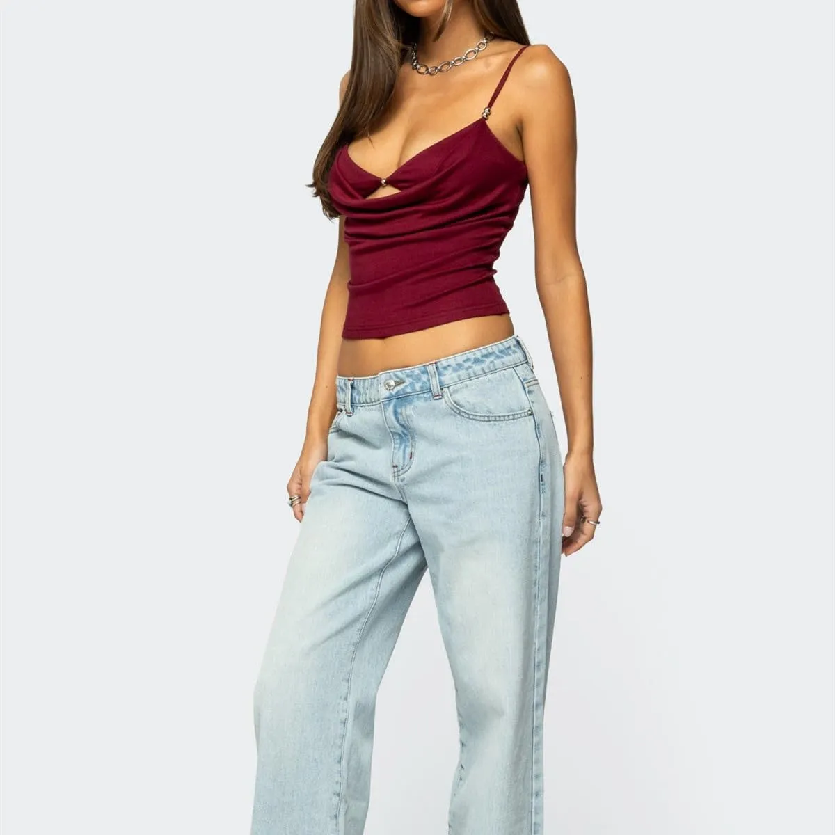 Bocymolay Women Going Out Tank Tops Slim Fitted Low Neck Cutout Backless Camisole Sexy Party Clubwear Shirts