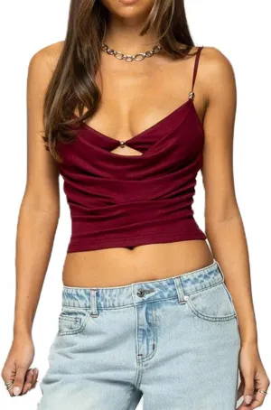 Bocymolay Women Going Out Tank Tops Slim Fitted Low Neck Cutout Backless Camisole Sexy Party Clubwear Shirts
