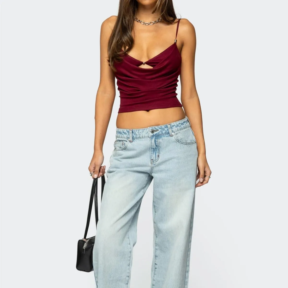 Bocymolay Women Going Out Tank Tops Slim Fitted Low Neck Cutout Backless Camisole Sexy Party Clubwear Shirts